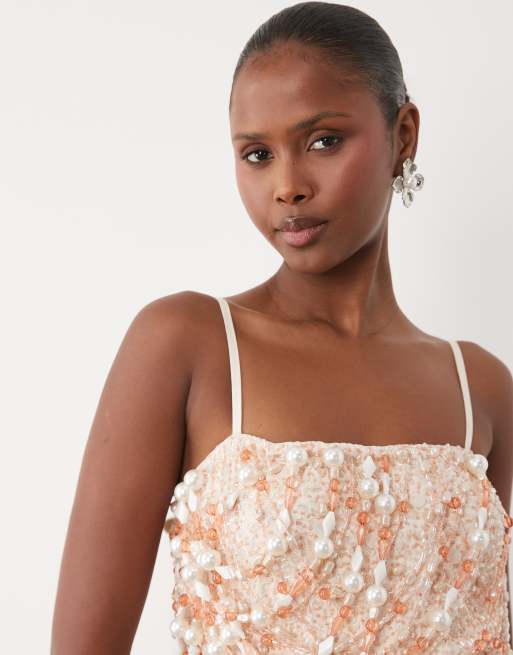 ASOS DESIGN kjole med pyntet overdel og midaxi-længde med bobleskørt i lyserød, 4 af 4