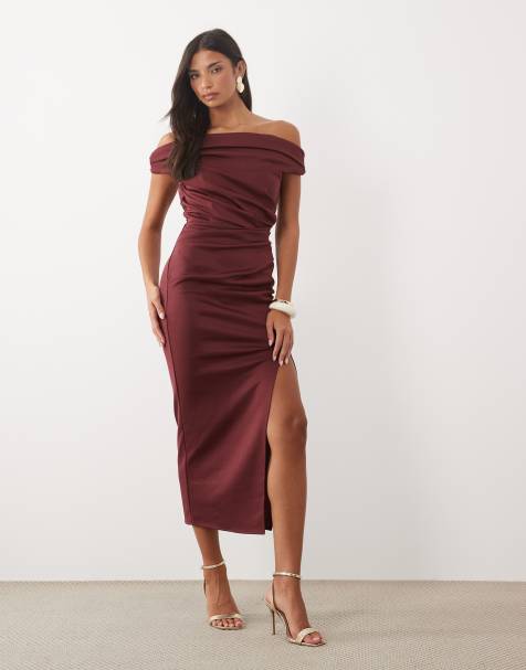 ASOS DESIGN kjole med twist, bardot og bodycon i midi-længde i burgundy scuba-lignende stof - view 1