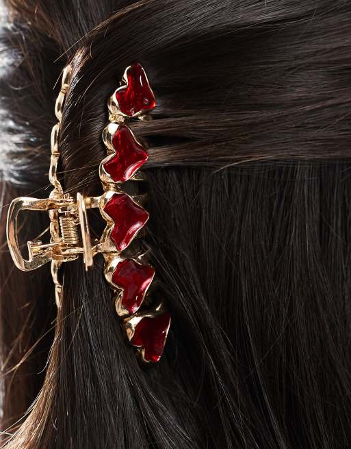 ASOS DESIGN – Klamra do włosów w złotym kolorze z czerwonymi sercami, 3 z 4