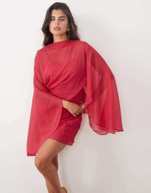 ASOS DESIGN klänning i minilängd med hög krage, draperad front och extrema capärmar i magenta, 2 av 4