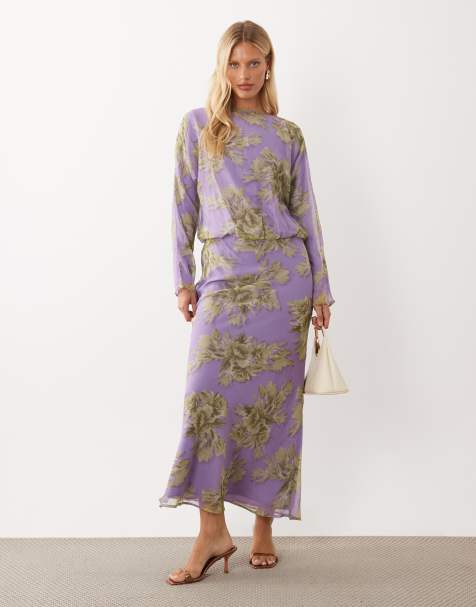 ASOS DESIGN klänning med slitsad halsringning, långa ärmar och maxilängd i grönt och lila blommigt tryck - view 1