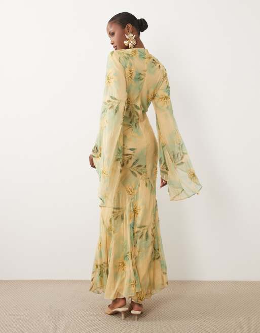 ASOS DESIGN klänning med tryck och utsmyckning i maxi-längd med volymärm i grönt, 3 av 4