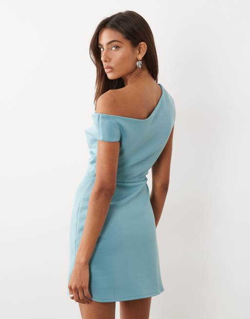 ASOS DESIGN - Klar blå skulpturel offshoulder-minikjole i scuba-lignende stof, 3 af 4