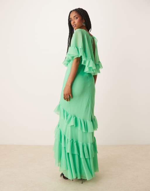 ASOS DESIGN – Klargrön, diagonalskuren maxiklänning med volang och cape-överlager, 4 av 4