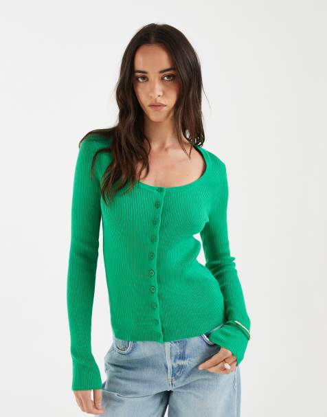 ASOS DESIGN – Klargrön kofta i bomullsmix med bred, djup halsringning - view 1