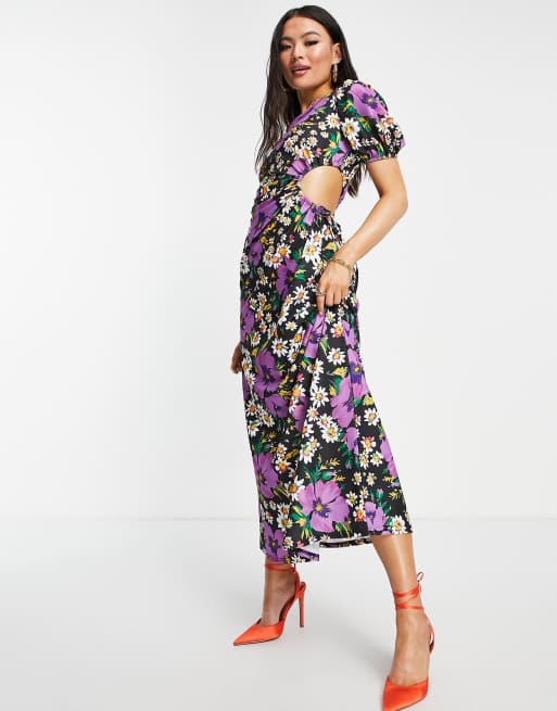 ASOS DESIGN – Klarlila, blommig maxiklänning med bar axel och utskuren detalj 