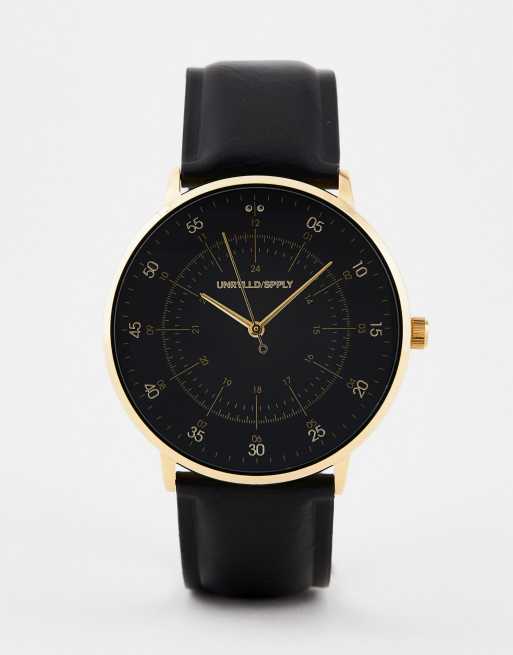 ASOS DESIGN - Klassiek horloge met goudkleurige highlights en bandje van imitatieleer in zwart