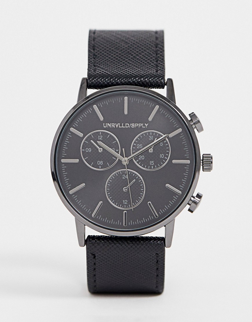 ASOS DESIGN - Klassiek horloge met gunmetal wijzerplaat en bandje van zwart saffianoleer