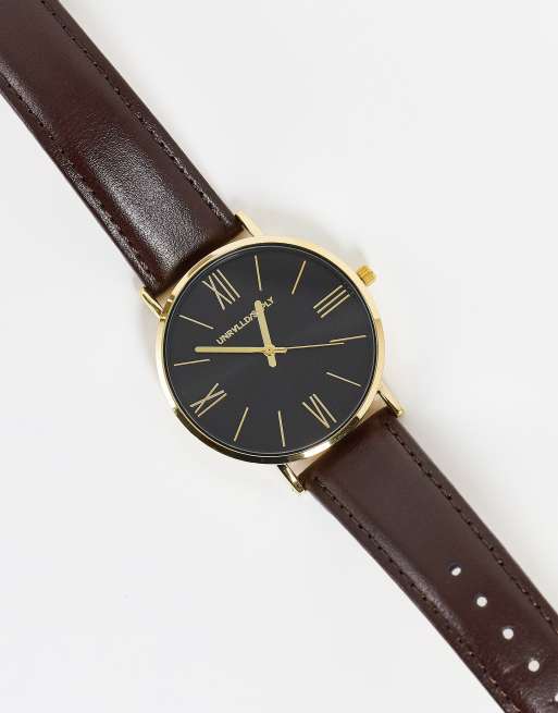 ASOS DESIGN - Klassiek horloge met roségouden highlights en leren bandje in bruin
