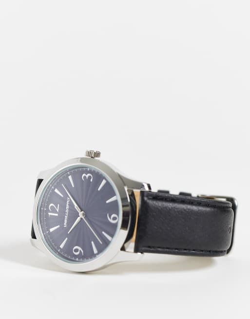 ASOS DESIGN - Klassiek horloge met zwart imitatieleren bandje en marineblauwe wijzerplaat