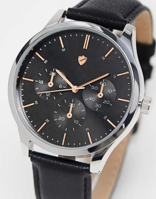 ASOS DESIGN - Klassiek horloge met zwarte wijzerplaat, roségouden details en echt leren bandje
