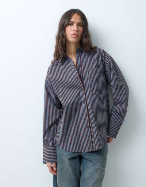 ASOS DESIGN klassiek katoenen overhemd in blauw en bruine streep - view 1