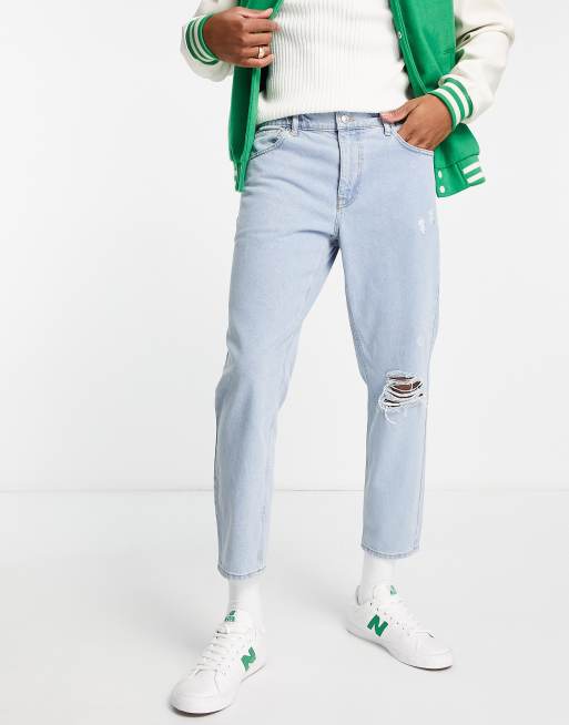 ASOS DESIGN - Klassieke stevige jeans met elastische tailleband en scheuren in licht stone met wassing 
