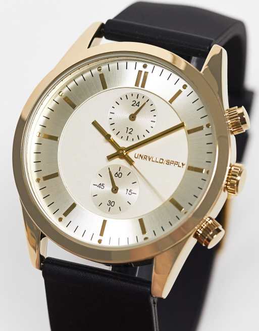 ASOS DESIGN – Klassische Armbanduhr mit goldfarbenen Details, schwarzem Silikonarmband und Hilfszifferblatt