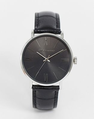 ASOS DESIGN – Klassische Uhr in Silber und Schwarz mit Armband in Lederoptik