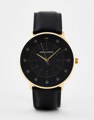 ASOS DESIGN – Klassische Uhr mit goldenen Akzenten und Armband aus Kunstleder in Schwarz