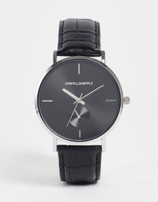 ASOS DESIGN – Klassische Uhr mit schwarzem Ziffernblatt und Armband aus Kunstleder in Schwarz