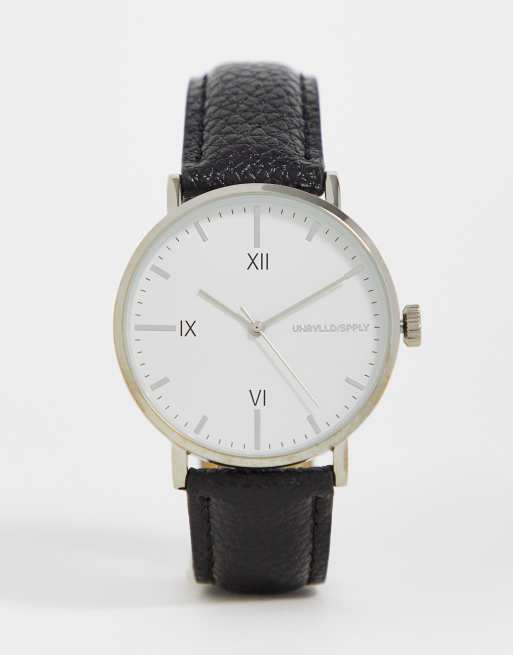 ASOS DESIGN – Klassische Uhr mit weißem Zifferblatt und Lederarmband in Schwarz