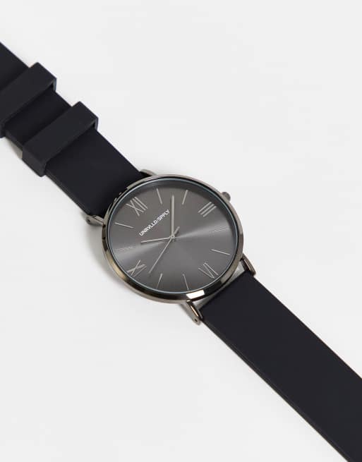 ASOS DESIGN – Klassische Uhr mit Zifferblatt in Graphitgrau und Silikonarmband in Schwarz