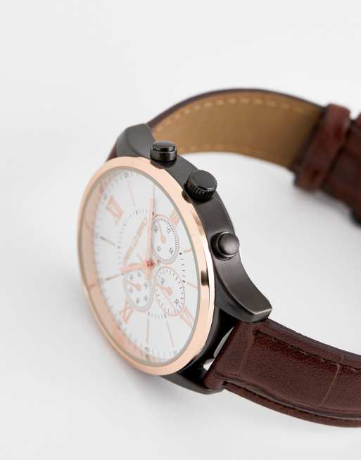ASOS DESIGN - Klassisk armbåndsur med brun læderrem og blandet metal-finish, 2 af 4
