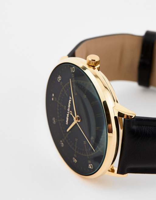 ASOS DESIGN - Klassisk armbåndsur med guldfarvede detaljer og rem i sort, imiteret læder, 2 af 4