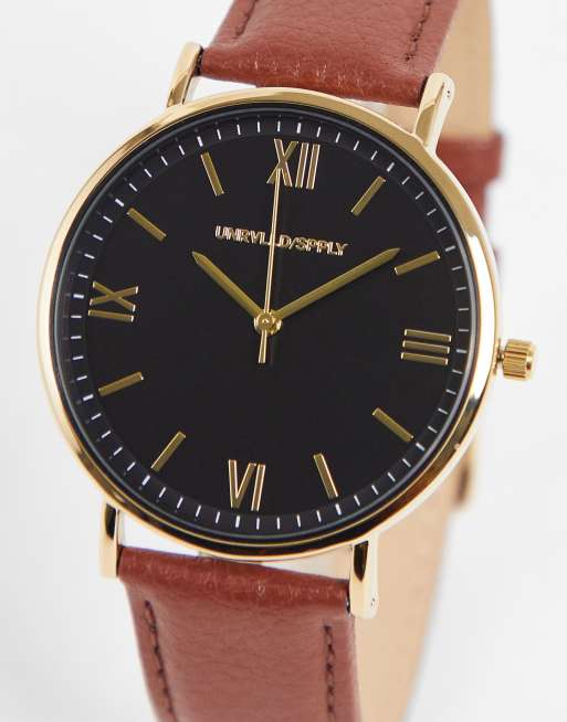 ASOS DESIGN - Klassisk armbåndsur med sort urskive og gyldenbrun læderrem