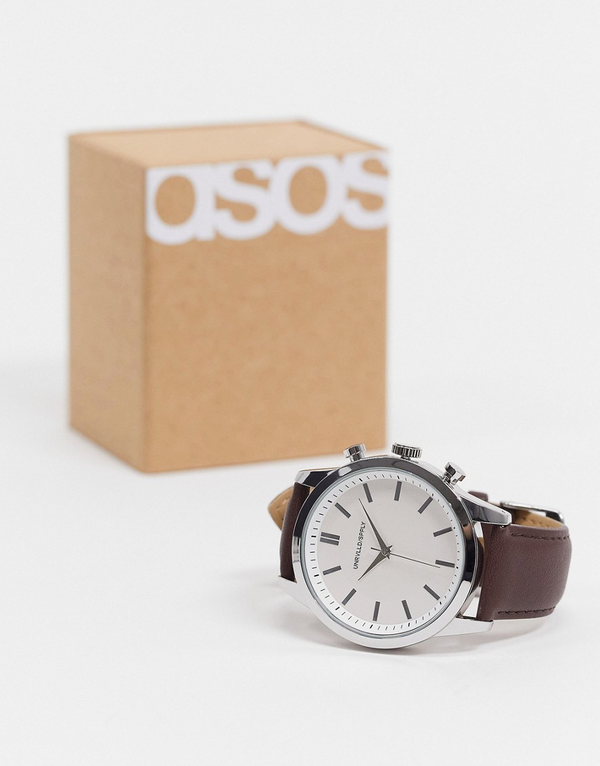 ASOS DESIGN - Klassisk ur med brun rem og sølvfarvet skive