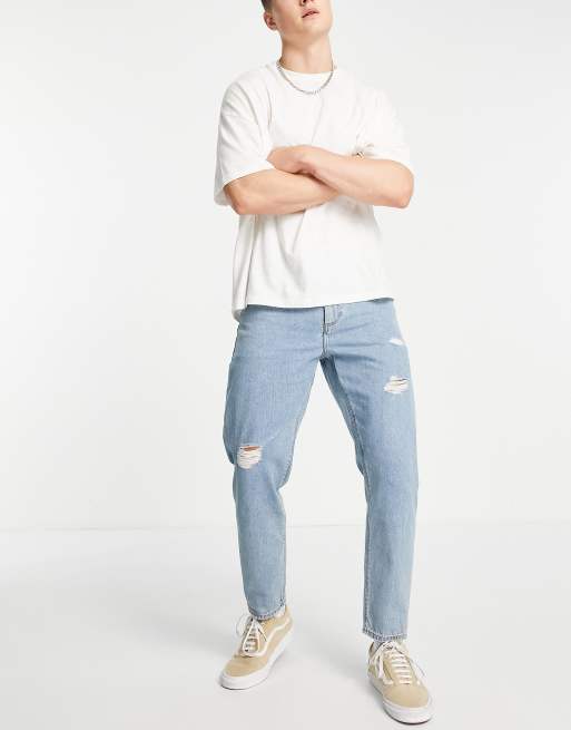 ASOS DESIGN - Klassiske stive jeans i mellemvask med slitage
