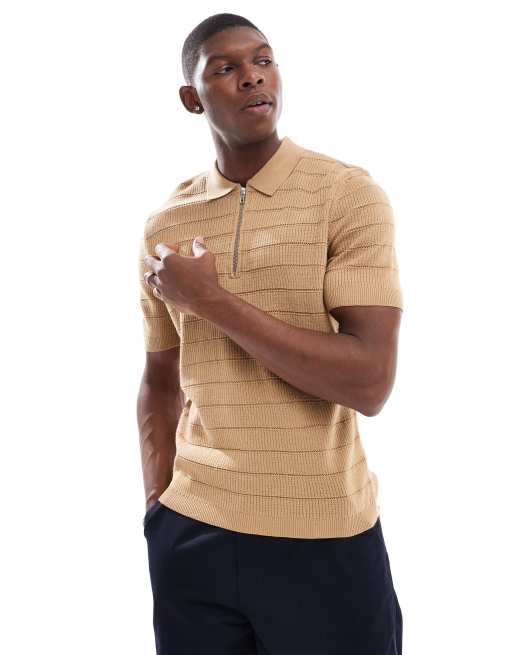 ASOS DESIGN – Klasyczna dzianinowa koszulka polo o pudełkowym kroju w kolorze ecru z ozdobnymi przeszyciami