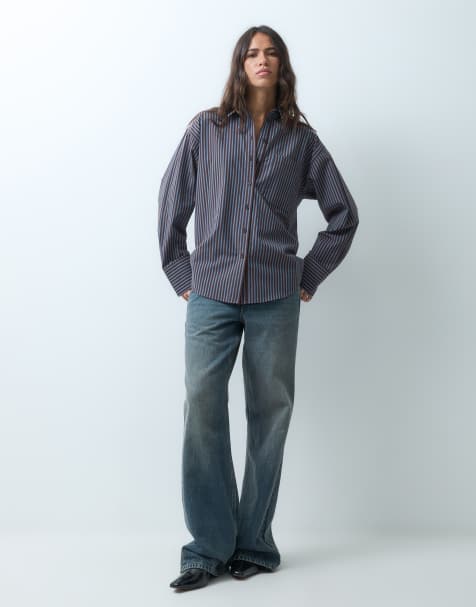 ASOS DESIGN klasyczna koszula bawełniana w niebiesko-brązowe paski - view 1