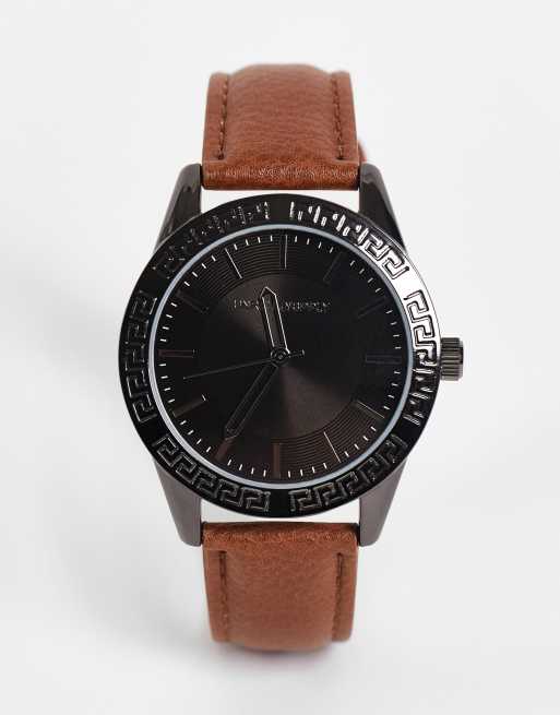 ASOS DESIGN – Klasyczny zegarek z czarną tarczą i jasnobrązowym skórzanym paskiem
