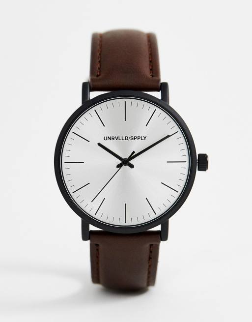 ASOS DESIGN – Klasyczny zegarek z matową czarną tarczą i brązowym paskiem z imitacji skóry