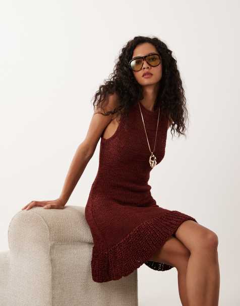 ASOS DESIGN Kleid aus Bandgarn mit Volantsaum in Rostbraun - view 1