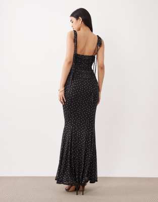 ASOS DESIGN - Kleid aus Netzstoff mit Schwalbenschwanz, Polka Dots und kontrastierendem Einsatz an der Brust-Bunt