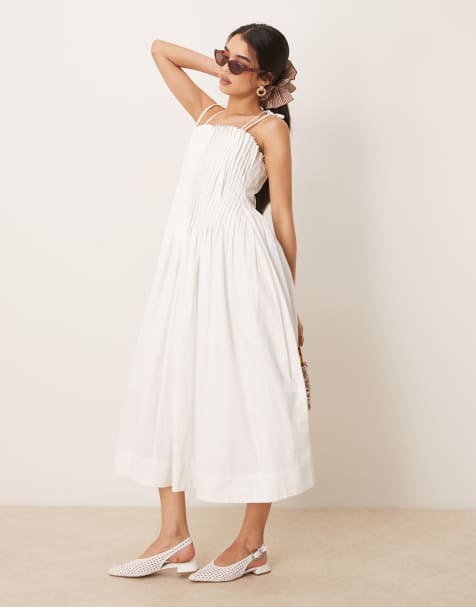 ASOS DESIGN – Kleid in Weiß mit schmalen Biesen am Oberteil und Trägern zum Binden - view 1