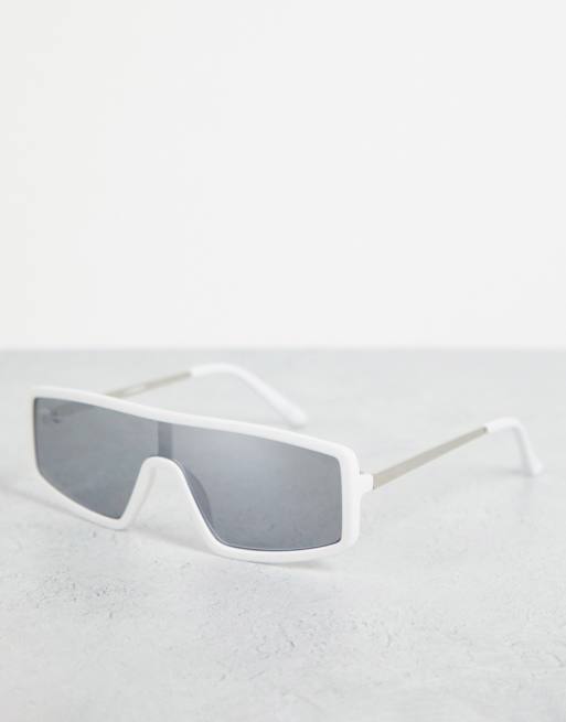 ASOS DESIGN - Kleine vizierzonnebril met rechte bovenkant en spiegelglazen in wit