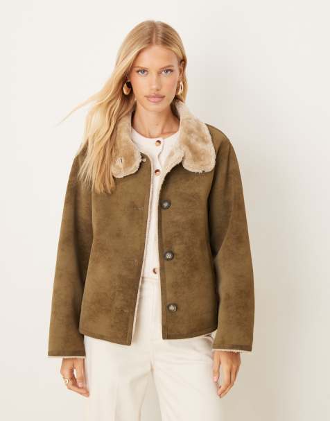 ASOS DESIGN funnel neck faux suede bonded jacket in khaki