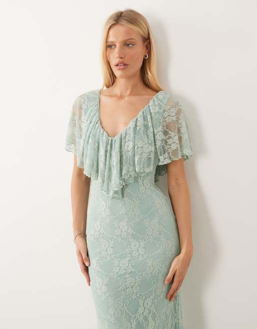 ASOS DESIGN - Kølig mintgrøn maxikjole med flæsedetaljer og V-hals i blondestof, 2 af 4