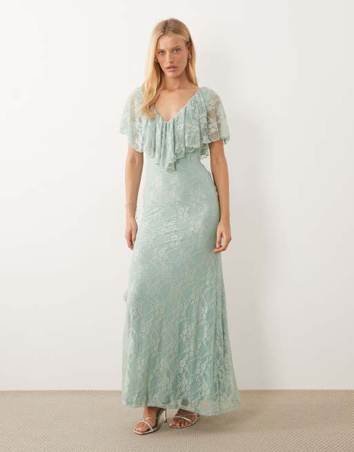 ASOS DESIGN - Kølig mintgrøn maxikjole med flæsedetaljer og V-hals i blondestof, 3 af 4