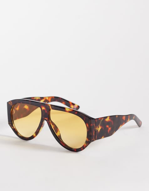 ASOS DESIGN – Klobige Pilotensonnenbrille in Schildpattoptik mit breiten Bügeln und hellorangenen Gläsern - view 1