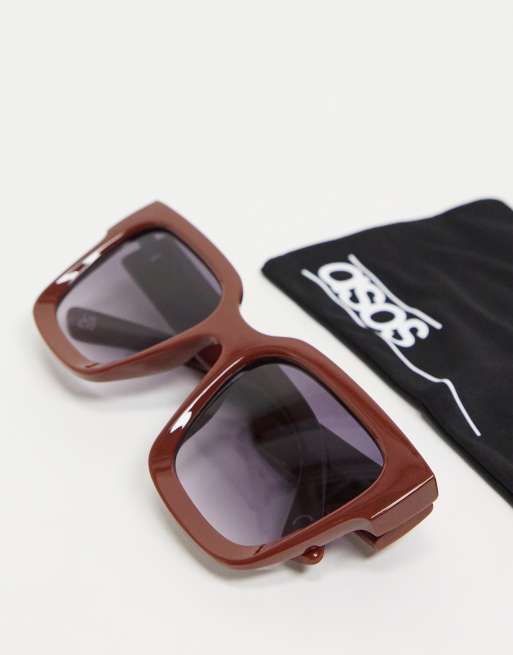 ASOS DESIGN – Klobige Sonnenbrille mit abgeschrägtem, eckigem Rahmen in glänzendem Braun - BROWN, 4 von 4
