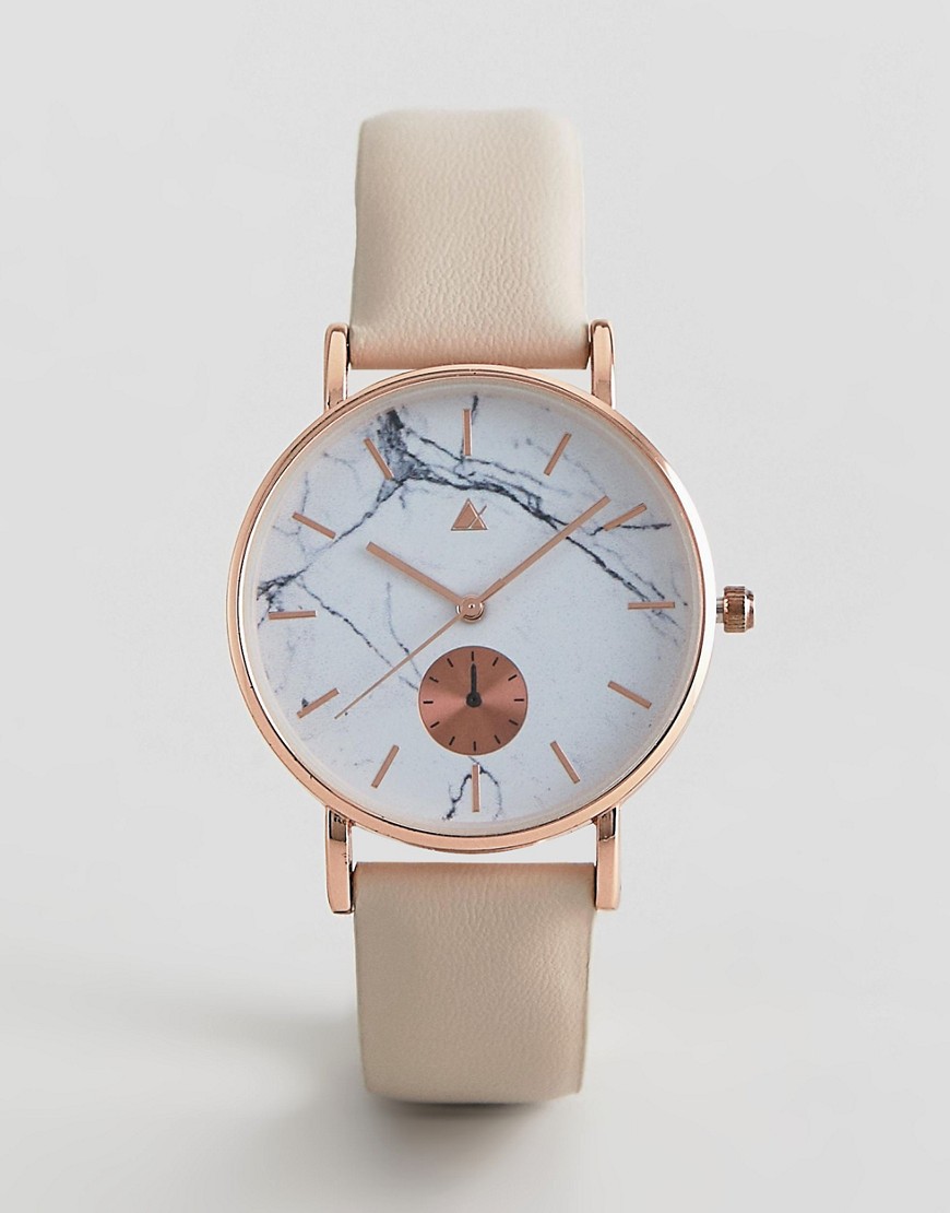 ASOS DESIGN – Klocka med armband av skinn och marmormönstrad urtavla-Guldbrun