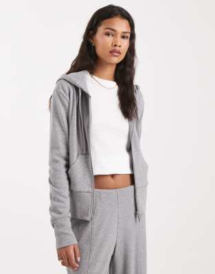 ASOS DESIGN - Knapp geschnittener Kapuzenpullover aus Feinstrick in Grau meliert mit Reißverschluss
