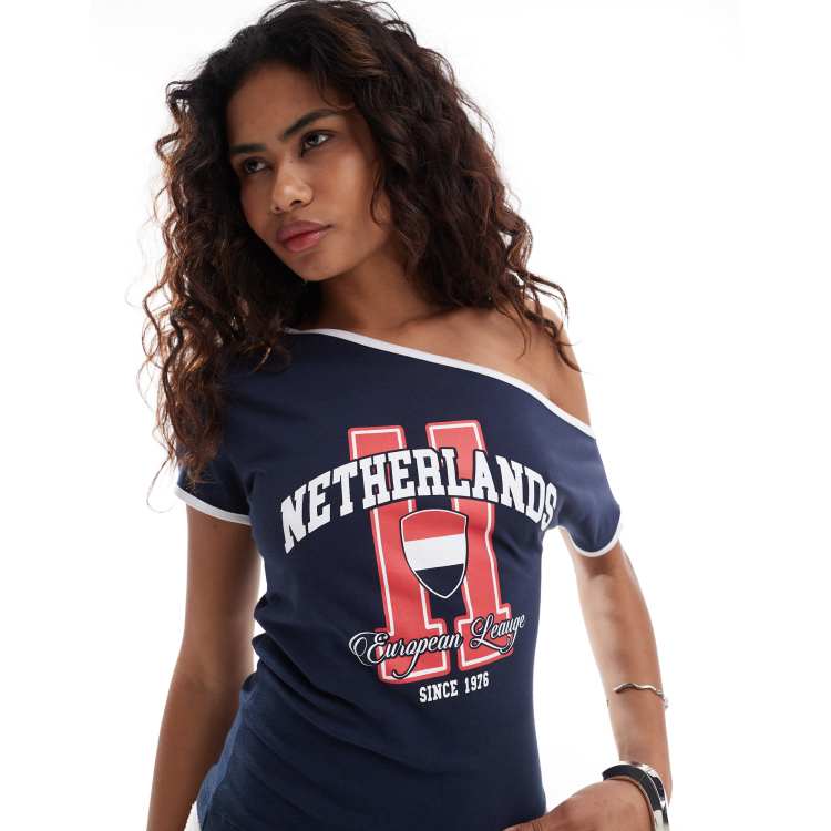 ASOS DESIGN Knapp geschnittenes One Shoulder T Shirt in Marineblau mit Netherlands Grafik ASOS