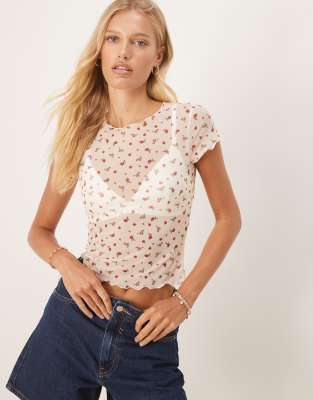 ASOS DESIGN - Knapp geschnittenes T-Shirt aus Netzstoff mit Blümchenmuster-Bunt