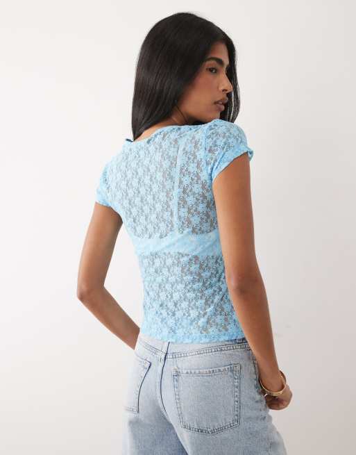 ASOS DESIGN – Knapp geschnittenes T-Shirt aus Spitze in Blau, 4 von 4