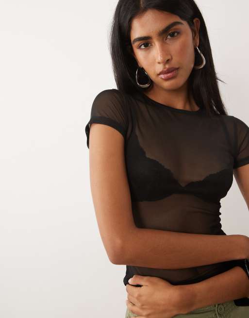 ASOS DESIGN – Knapp geschnittenes T-Shirt aus transparentem Netzstoff in Schwarz, 3 von 4