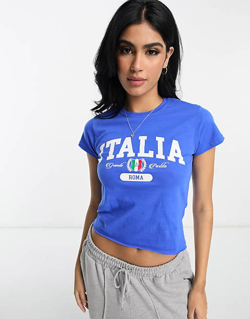 ASOS DESIGN – Knapp geschnittenes T-Shirt in Blau mit „Italia“-Grafikprint  | ASOS