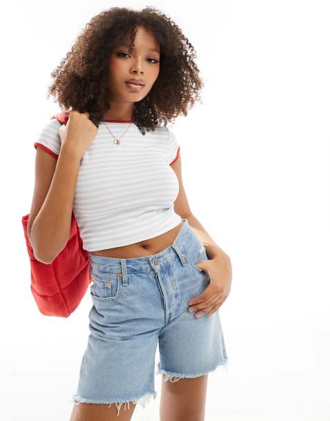 ASOS Design – Knapp geschnittenes T-Shirt in Blau mit Streifen und kontrastierendem Ringerdetail - view 1