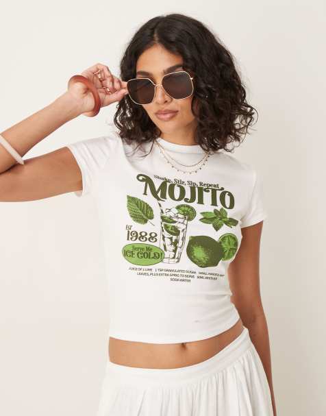 ASOS DESIGN – Knapp geschnittenes T-Shirt in Creme mit „Mojito“-Cocktail-Print - view 1